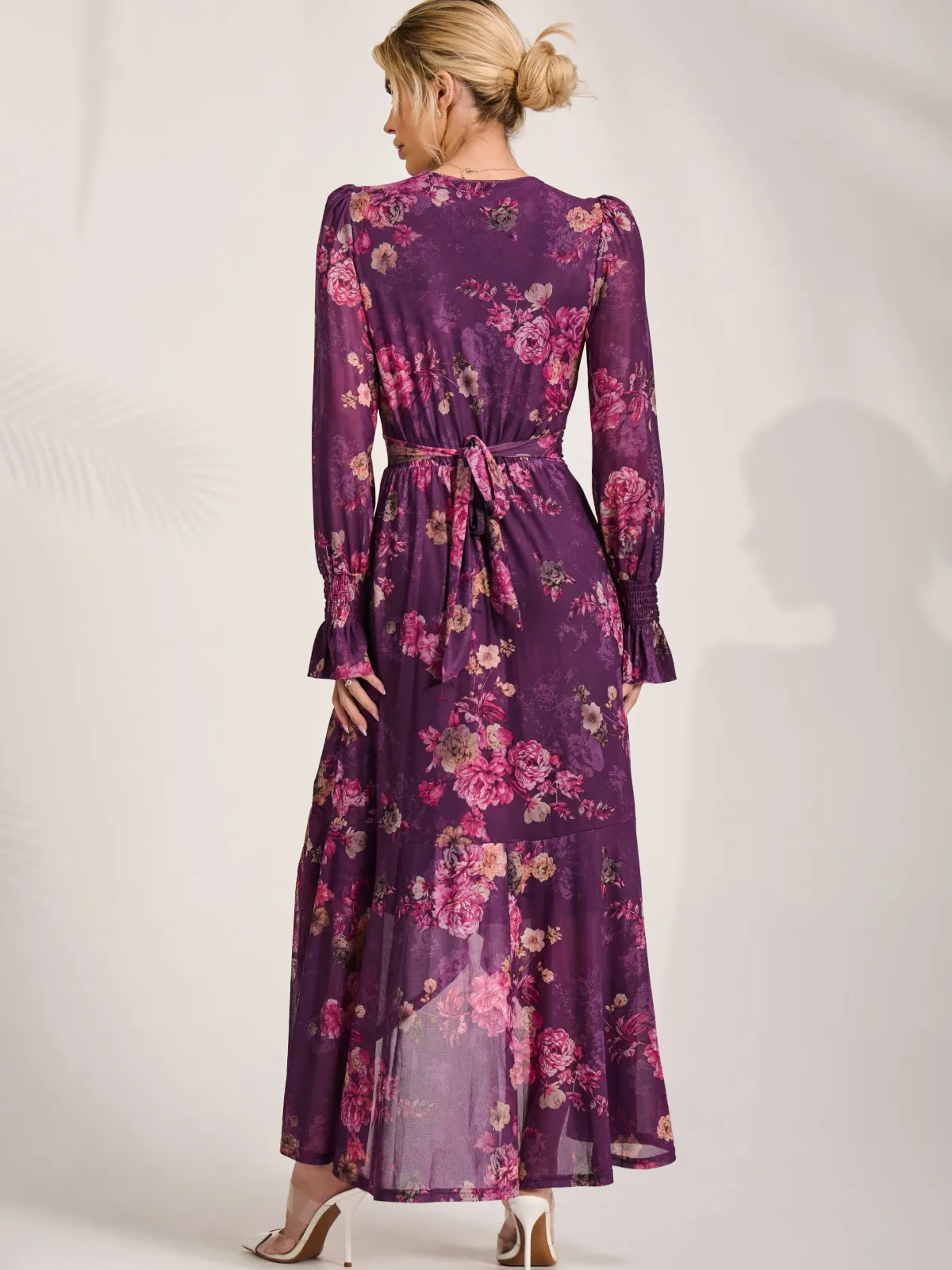 Jolie Moi Occasion Dresses|Floral Dresses-Long Sleeve Frill Hem Mesh Maxi Dress, Purple Floral