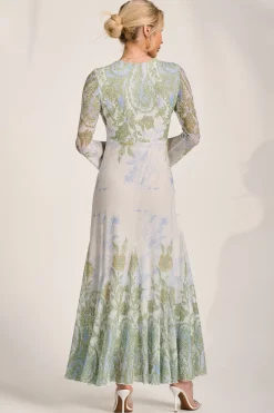 Jolie Moi Occasion Dresses|Wedding Guest-Long Sleeve Godet Mesh Maxi Dress, Green Multi
