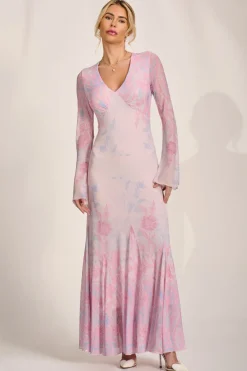 Jolie Moi Occasion Dresses|Wedding Guest-Long Sleeve Godet Mesh Maxi Dress, Pink Multi