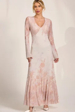 Jolie Moi Occasion Dresses|Wedding Guest-Long Sleeve Godet Mesh Maxi Dress, Taupe Multi