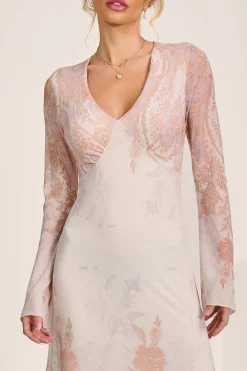 Jolie Moi Occasion Dresses|Wedding Guest-Long Sleeve Godet Mesh Maxi Dress, Taupe Multi