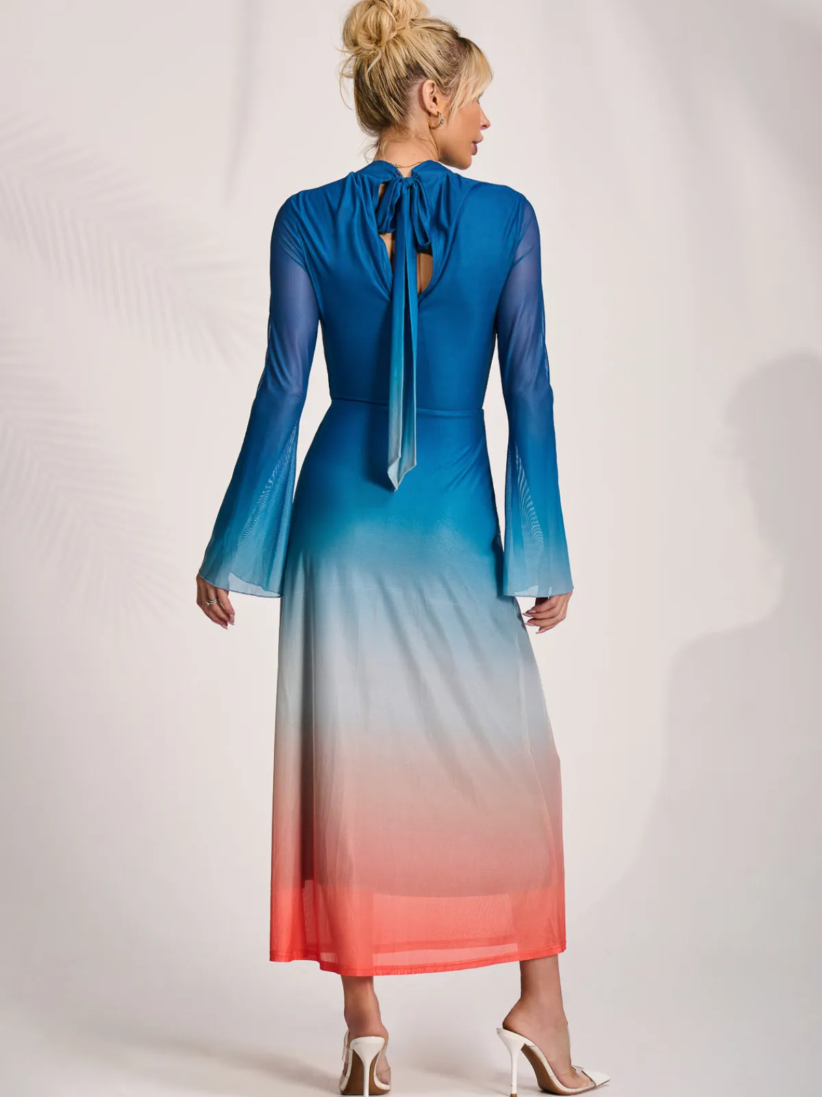 Jolie Moi Occasion Dresses|Mesh Dresses-Long Sleeve High Neck Mesh Dress, Orange Multi