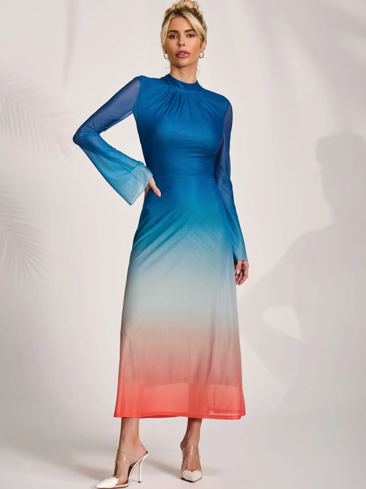 Jolie Moi Occasion Dresses|Mesh Dresses-Long Sleeve High Neck Mesh Dress, Orange Multi