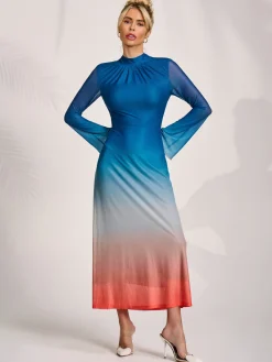 Jolie Moi Occasion Dresses|Mesh Dresses-Long Sleeve High Neck Mesh Dress, Orange Multi