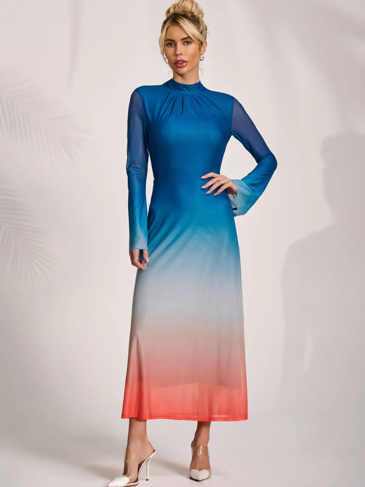 Jolie Moi Occasion Dresses|Mesh Dresses-Long Sleeve High Neck Mesh Dress, Orange Multi