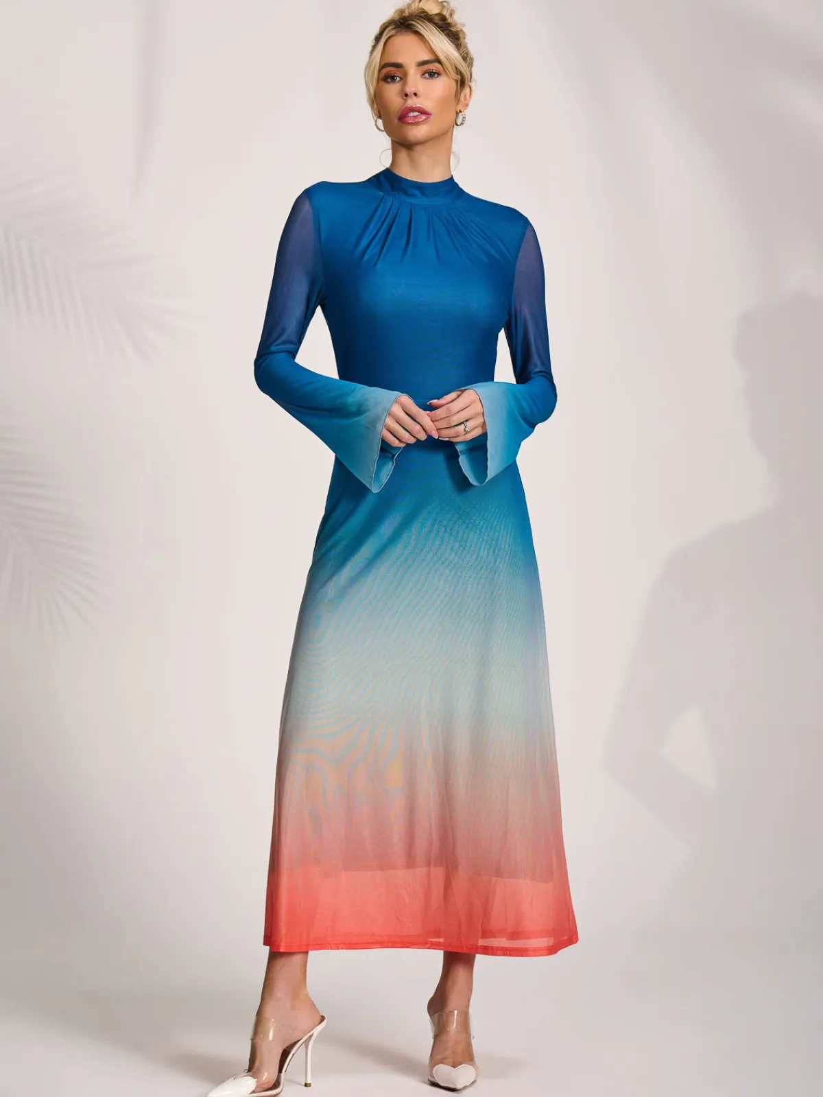 Jolie Moi Occasion Dresses|Mesh Dresses-Long Sleeve High Neck Mesh Dress, Orange Multi
