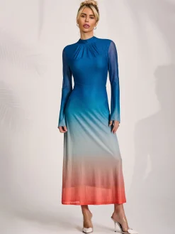 Jolie Moi Occasion Dresses|Mesh Dresses-Long Sleeve High Neck Mesh Dress, Orange Multi