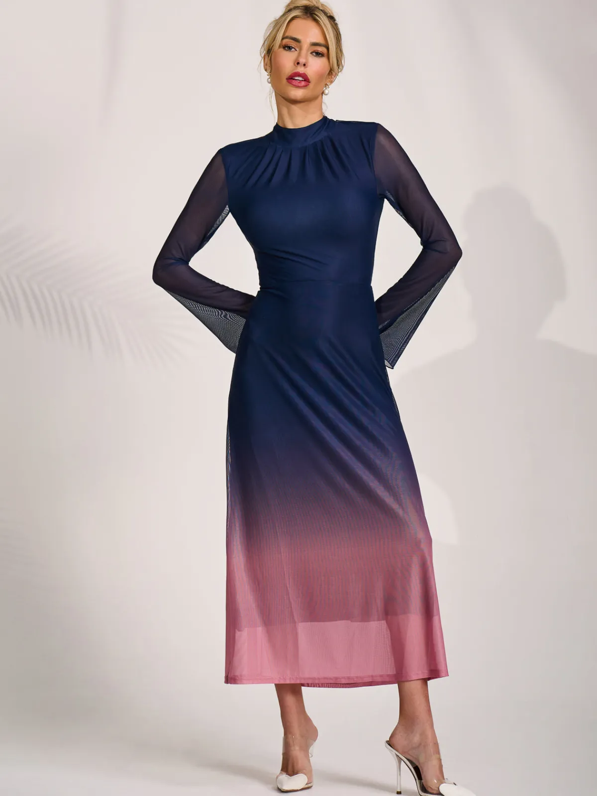 Jolie Moi Occasion Dresses|Mesh Dresses-Long Sleeve High Neck Mesh Dress, Pink Multi