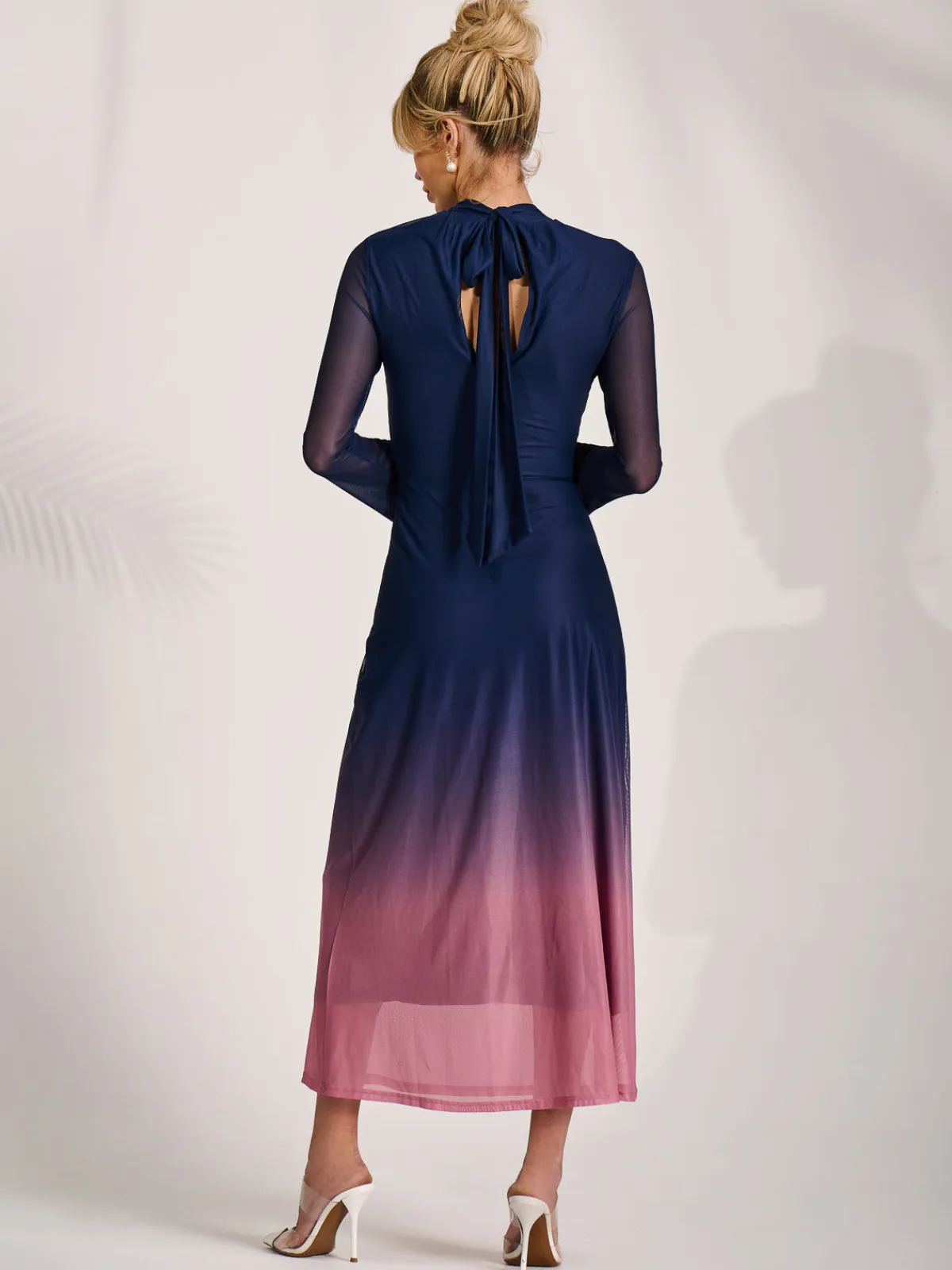 Jolie Moi Occasion Dresses|Mesh Dresses-Long Sleeve High Neck Mesh Dress, Pink Multi