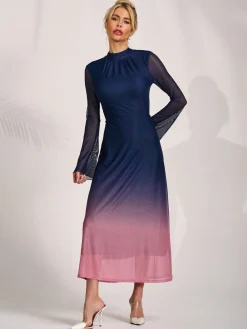 Jolie Moi Occasion Dresses|Mesh Dresses-Long Sleeve High Neck Mesh Dress, Pink Multi