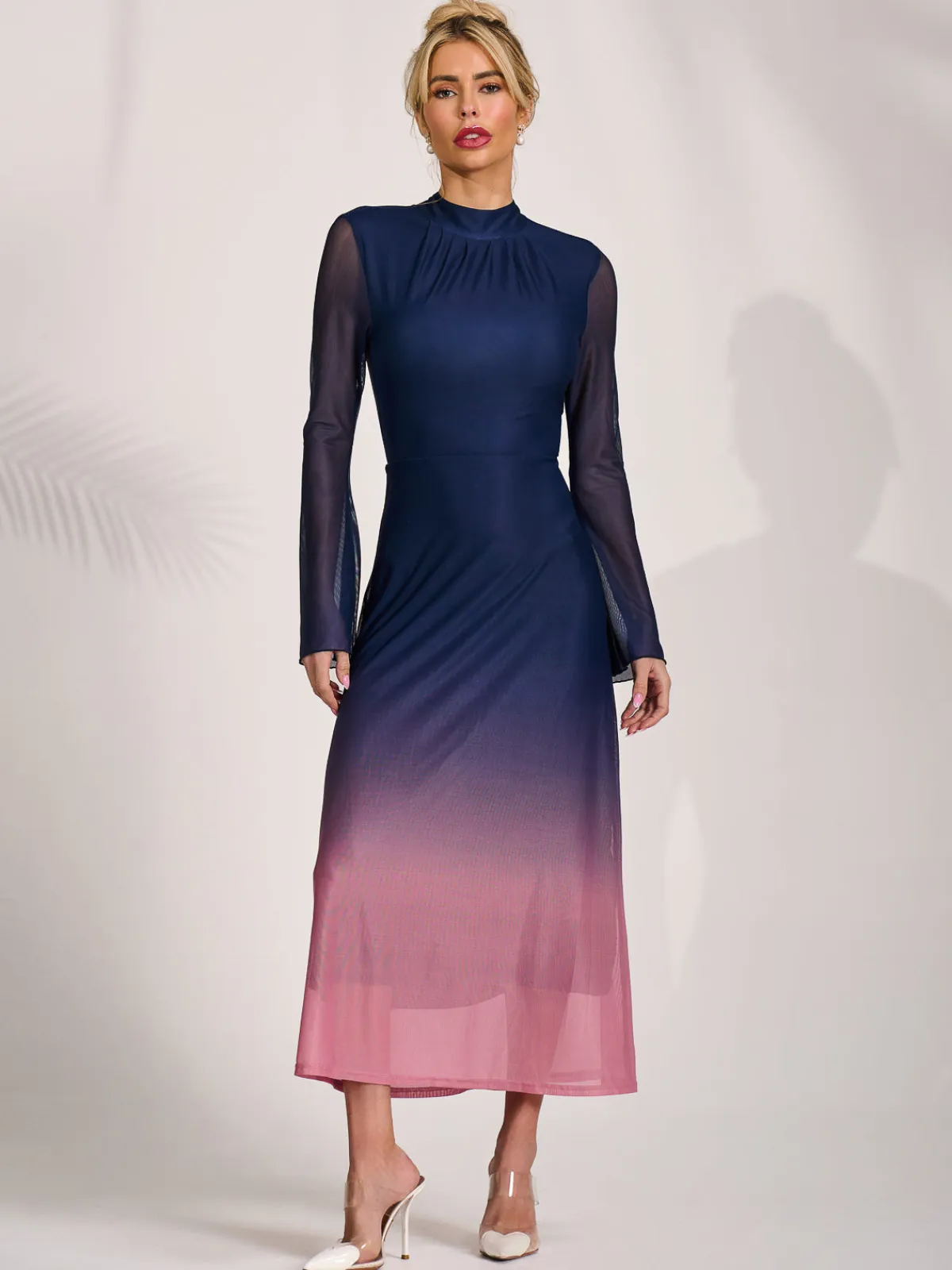 Jolie Moi Occasion Dresses|Mesh Dresses-Long Sleeve High Neck Mesh Dress, Pink Multi