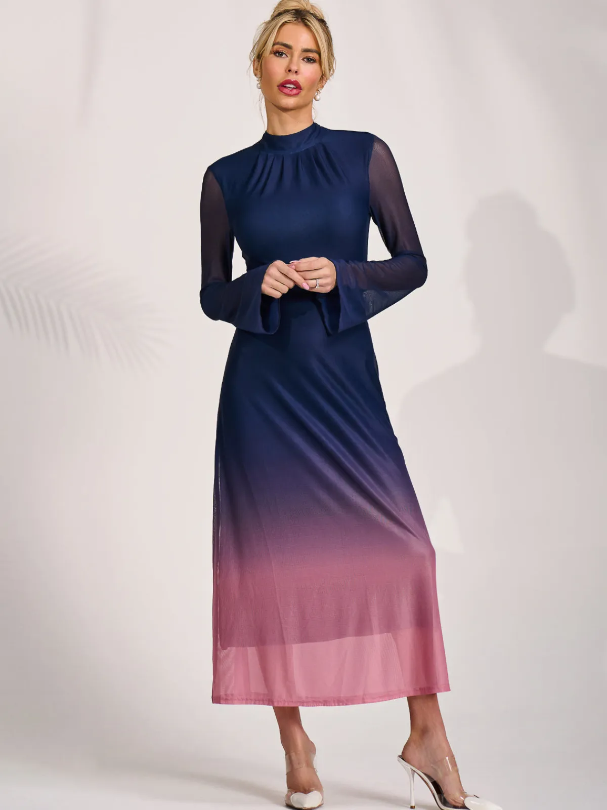 Jolie Moi Occasion Dresses|Mesh Dresses-Long Sleeve High Neck Mesh Dress, Pink Multi