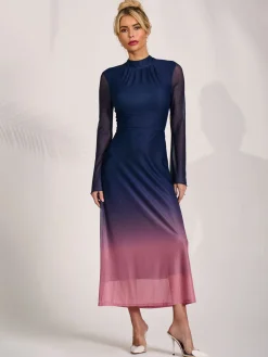 Jolie Moi Occasion Dresses|Mesh Dresses-Long Sleeve High Neck Mesh Dress, Pink Multi