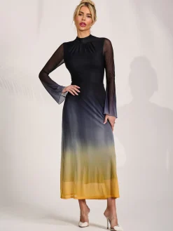 Jolie Moi Occasion Dresses|Mesh Dresses-Long Sleeve High Neck Mesh Dress, Yellow Multi