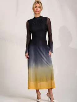 Jolie Moi Occasion Dresses|Mesh Dresses-Long Sleeve High Neck Mesh Dress, Yellow Multi