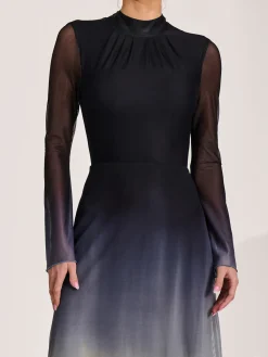 Jolie Moi Occasion Dresses|Mesh Dresses-Long Sleeve High Neck Mesh Dress, Yellow Multi