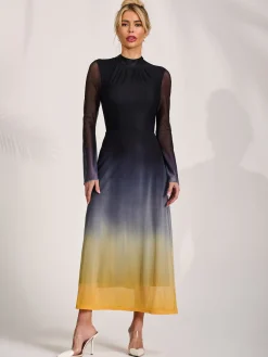 Jolie Moi Occasion Dresses|Mesh Dresses-Long Sleeve High Neck Mesh Dress, Yellow Multi