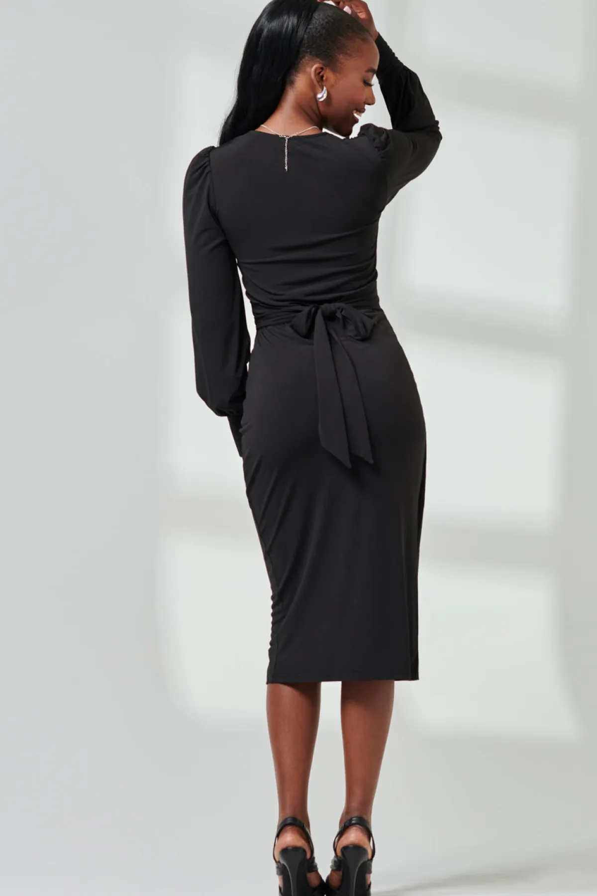 Jolie Moi Occasion Dresses|Jersey Dresses-Long Sleeve Jersey Midi Dress, Black