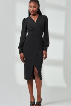 Jolie Moi Occasion Dresses|Jersey Dresses-Long Sleeve Jersey Midi Dress, Black