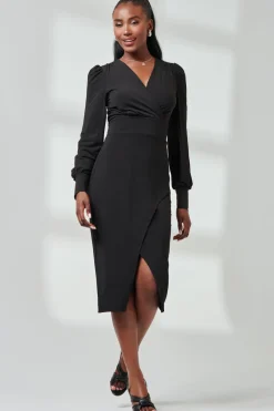 Jolie Moi Occasion Dresses|Jersey Dresses-Long Sleeve Jersey Midi Dress, Black