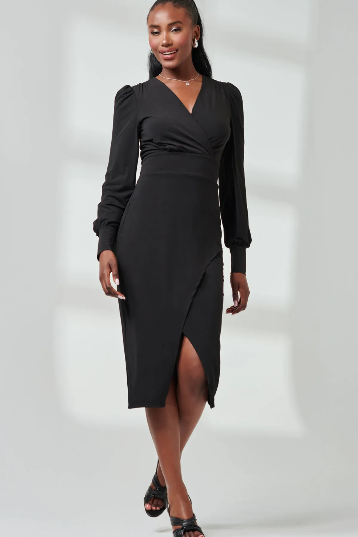 Jolie Moi Occasion Dresses|Jersey Dresses-Long Sleeve Jersey Midi Dress, Black