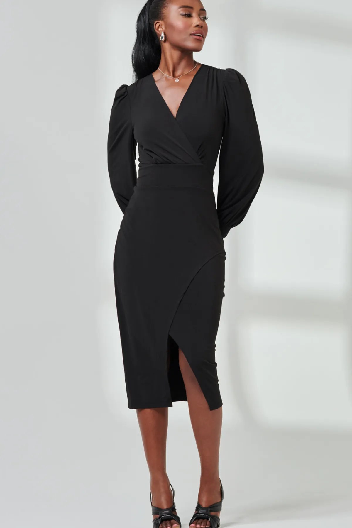 Jolie Moi Occasion Dresses|Jersey Dresses-Long Sleeve Jersey Midi Dress, Black