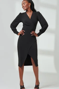 Jolie Moi Occasion Dresses|Jersey Dresses-Long Sleeve Jersey Midi Dress, Black