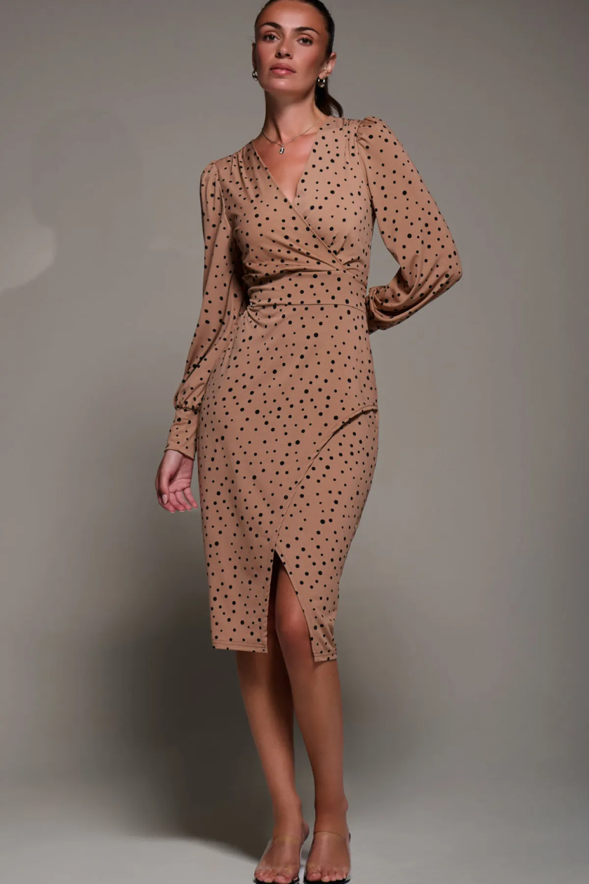 Jolie Moi Office Wear|Jersey Dresses-Long Sleeve Jersey Midi Dress, Black Spot