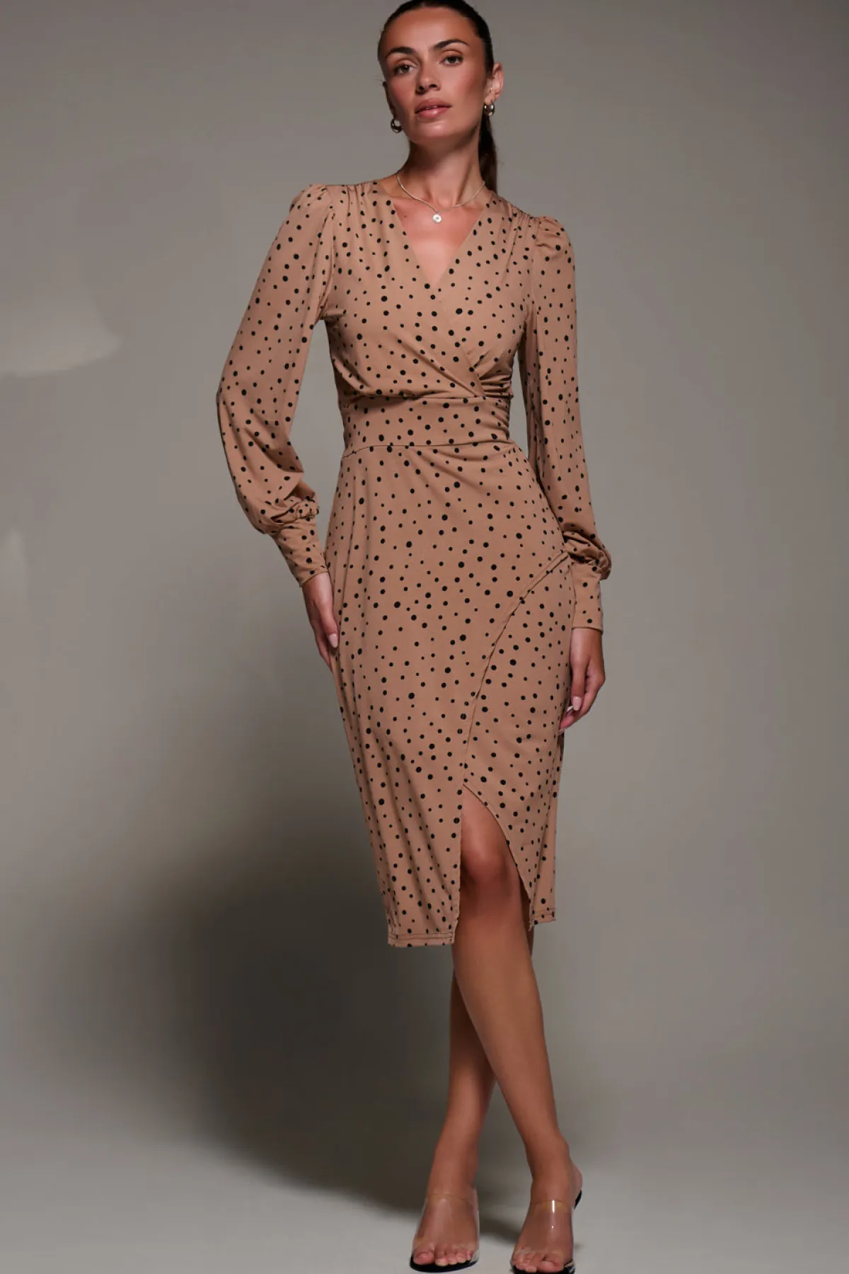 Jolie Moi Office Wear|Jersey Dresses-Long Sleeve Jersey Midi Dress, Black Spot