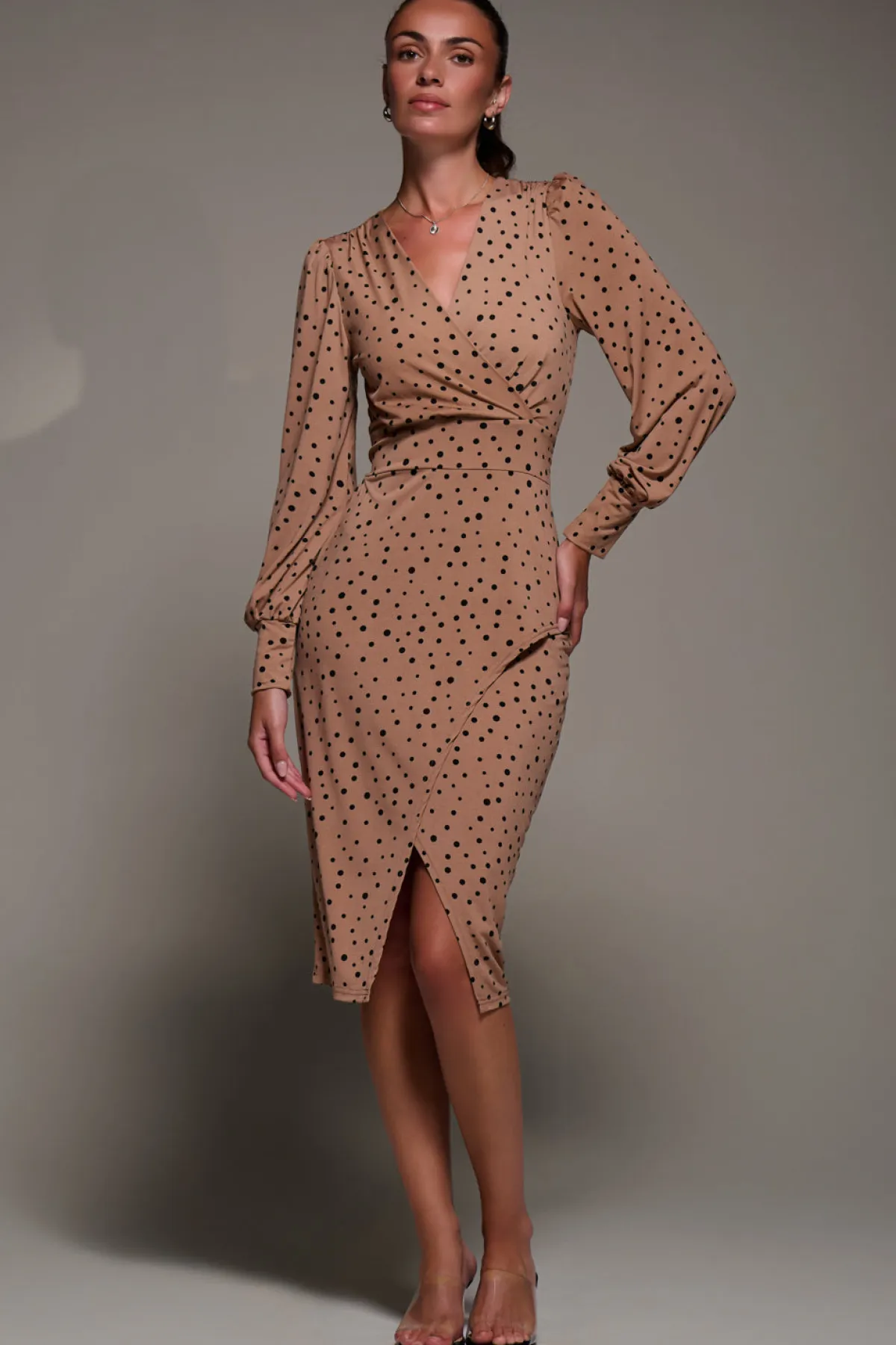 Jolie Moi Office Wear|Jersey Dresses-Long Sleeve Jersey Midi Dress, Black Spot