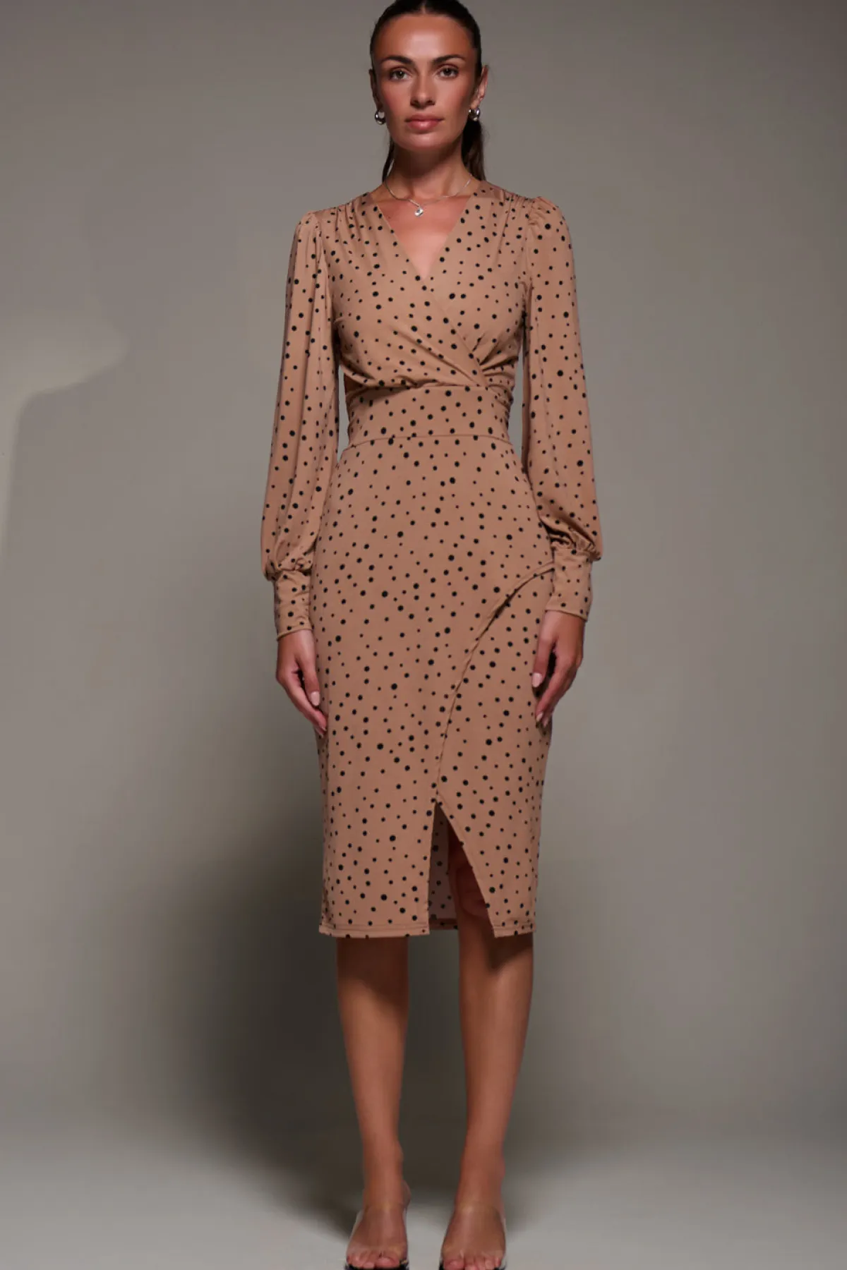 Jolie Moi Office Wear|Jersey Dresses-Long Sleeve Jersey Midi Dress, Black Spot