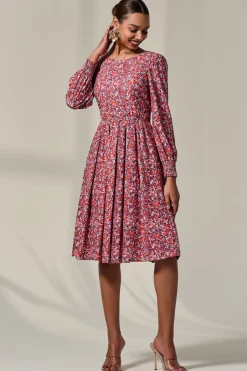 Jolie Moi Occasion Dresses|Jersey Dresses-Long Sleeve Jersey Midi Dress, Orange Abstract