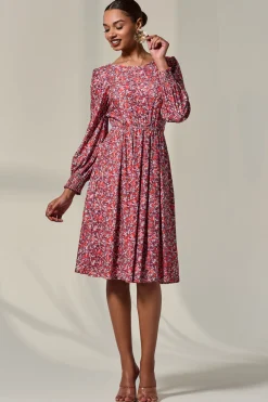Jolie Moi Occasion Dresses|Jersey Dresses-Long Sleeve Jersey Midi Dress, Orange Abstract
