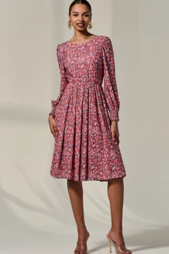 Jolie Moi Occasion Dresses|Jersey Dresses-Long Sleeve Jersey Midi Dress, Orange Abstract