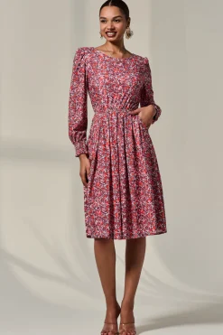 Jolie Moi Occasion Dresses|Jersey Dresses-Long Sleeve Jersey Midi Dress, Orange Abstract