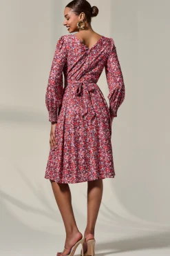 Jolie Moi Occasion Dresses|Jersey Dresses-Long Sleeve Jersey Midi Dress, Orange Abstract