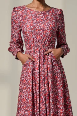 Jolie Moi Occasion Dresses|Jersey Dresses-Long Sleeve Jersey Midi Dress, Orange Abstract
