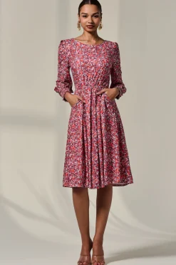 Jolie Moi Occasion Dresses|Jersey Dresses-Long Sleeve Jersey Midi Dress, Orange Abstract