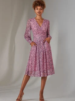 Jolie Moi Occasion Dresses|Floral Dresses-Long Sleeve Lace Print Midi Dress, Pink Floral