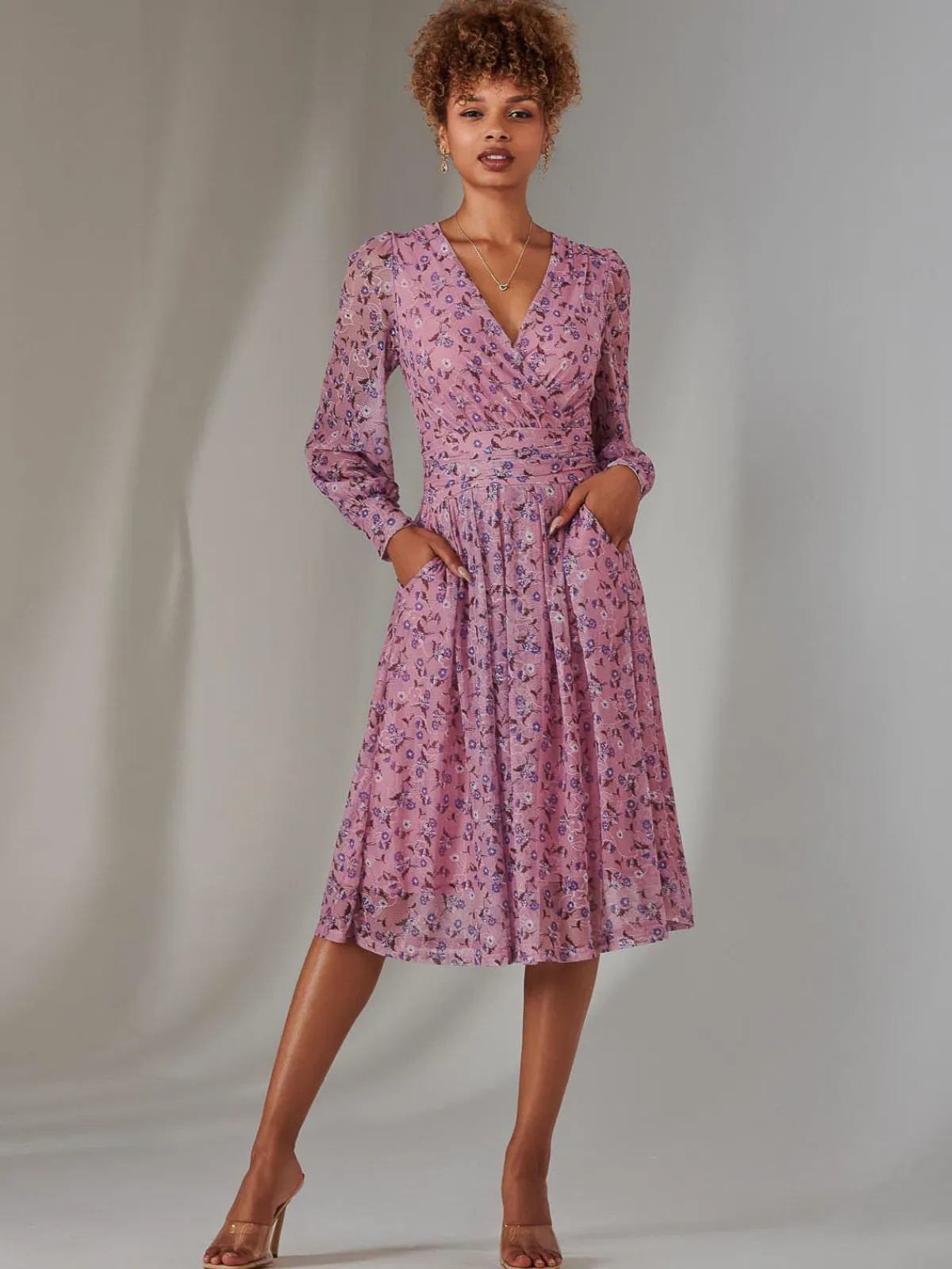 Jolie Moi Occasion Dresses|Floral Dresses-Long Sleeve Lace Print Midi Dress, Pink Floral