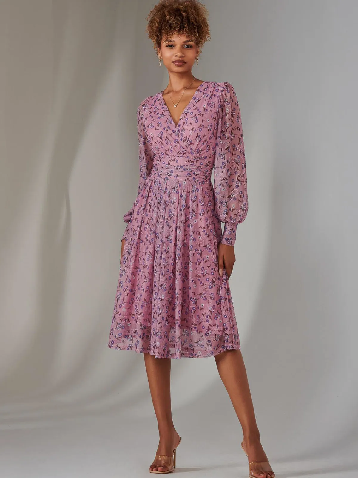 Jolie Moi Occasion Dresses|Floral Dresses-Long Sleeve Lace Print Midi Dress, Pink Floral