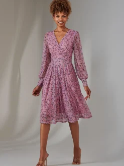 Jolie Moi Occasion Dresses|Floral Dresses-Long Sleeve Lace Print Midi Dress, Pink Floral