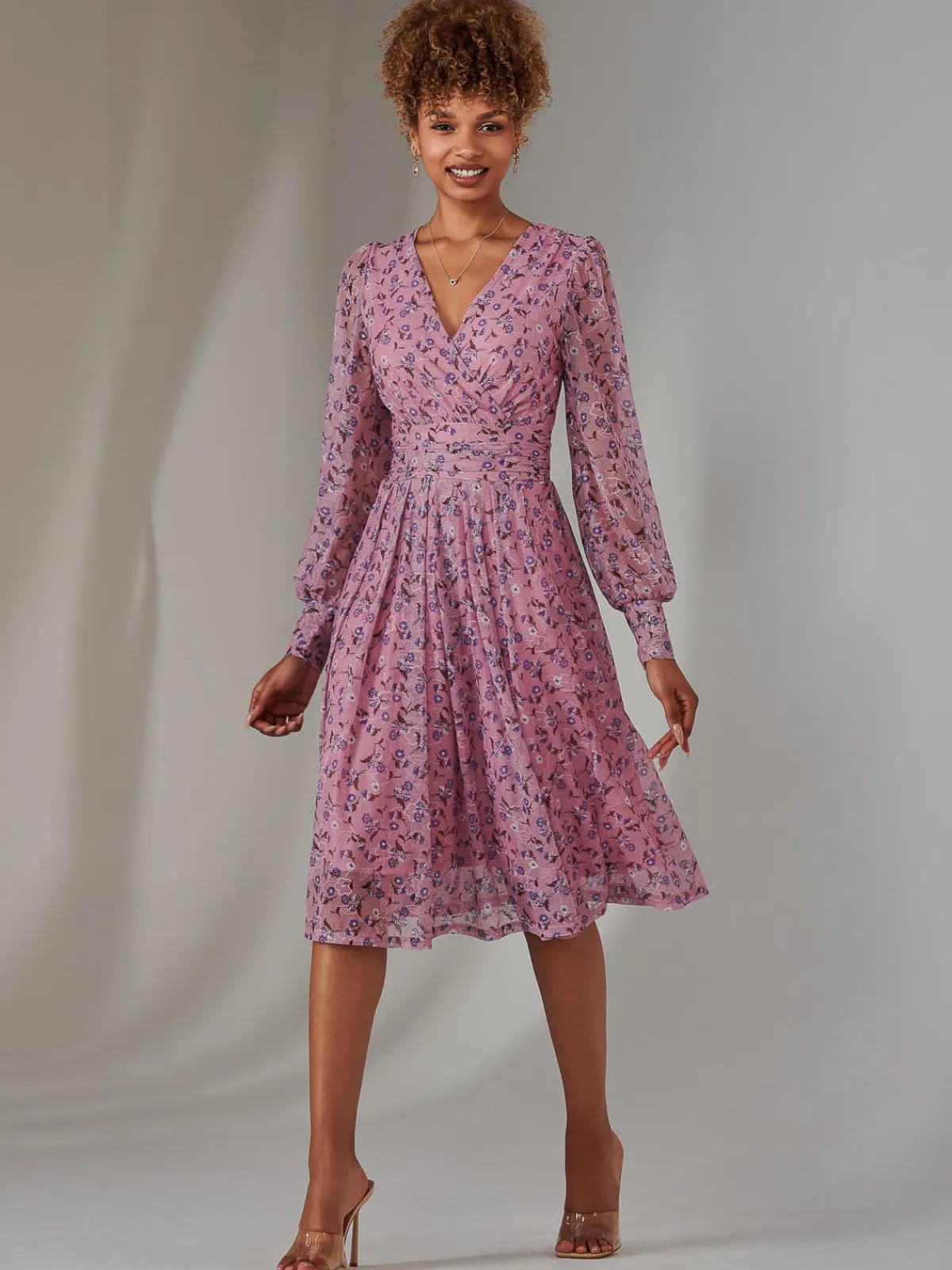 Jolie Moi Occasion Dresses|Floral Dresses-Long Sleeve Lace Print Midi Dress, Pink Floral