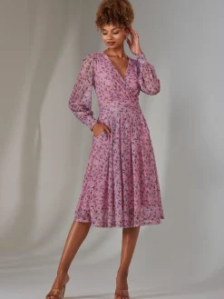 Jolie Moi Occasion Dresses|Floral Dresses-Long Sleeve Lace Print Midi Dress, Pink Floral