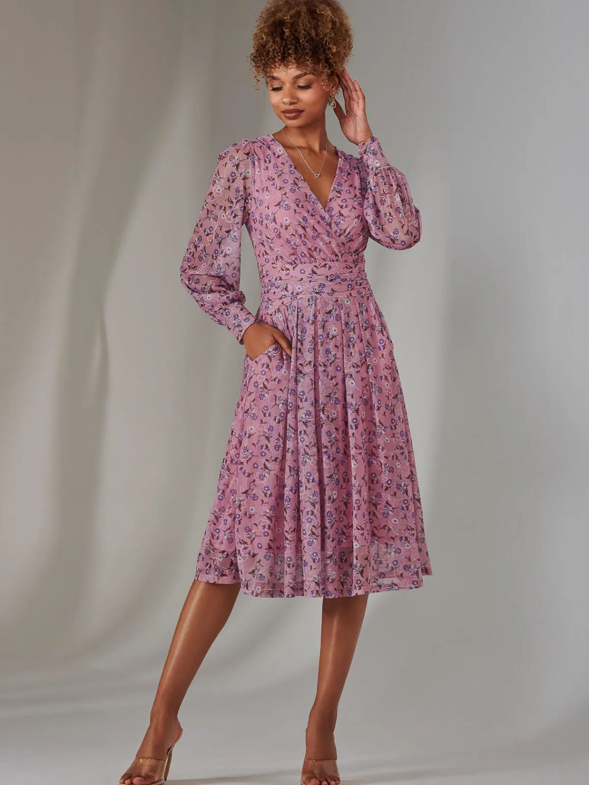Jolie Moi Occasion Dresses|Floral Dresses-Long Sleeve Lace Print Midi Dress, Pink Floral