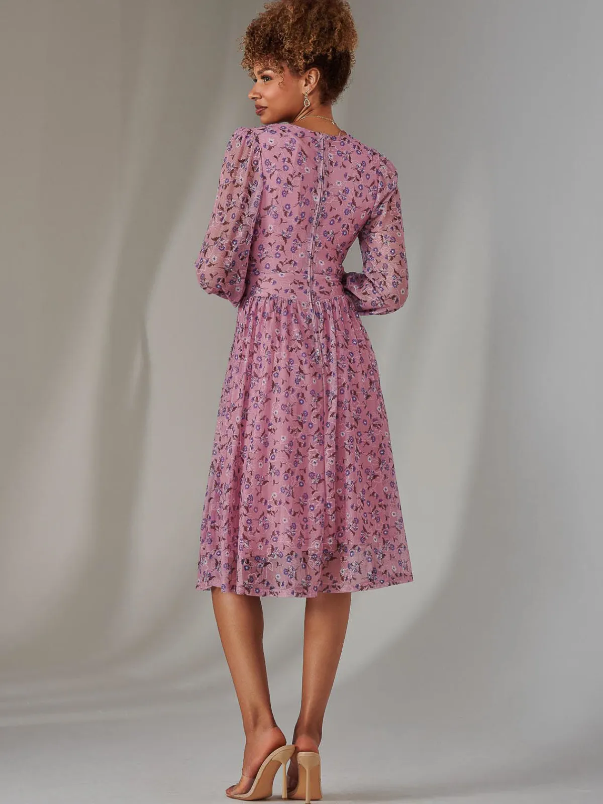 Jolie Moi Occasion Dresses|Floral Dresses-Long Sleeve Lace Print Midi Dress, Pink Floral