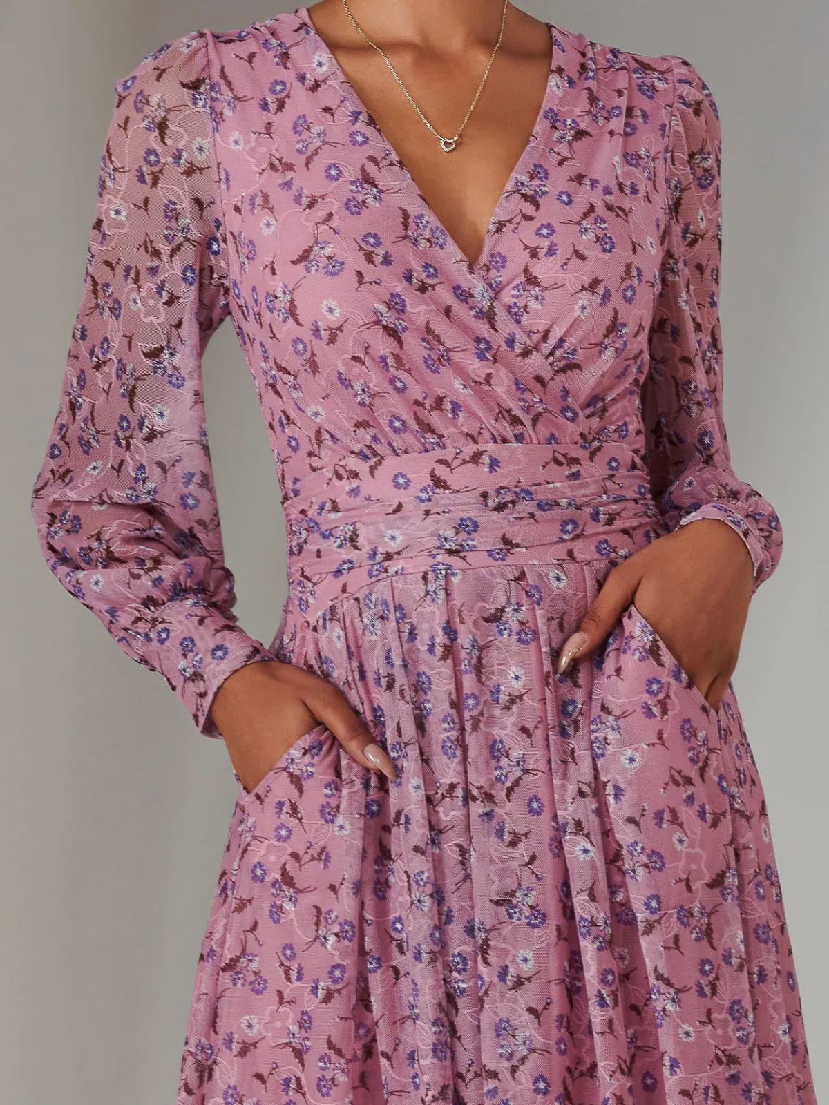 Jolie Moi Occasion Dresses|Floral Dresses-Long Sleeve Lace Print Midi Dress, Pink Floral