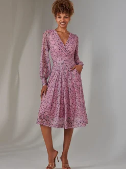 Jolie Moi Occasion Dresses|Floral Dresses-Long Sleeve Lace Print Midi Dress, Pink Floral