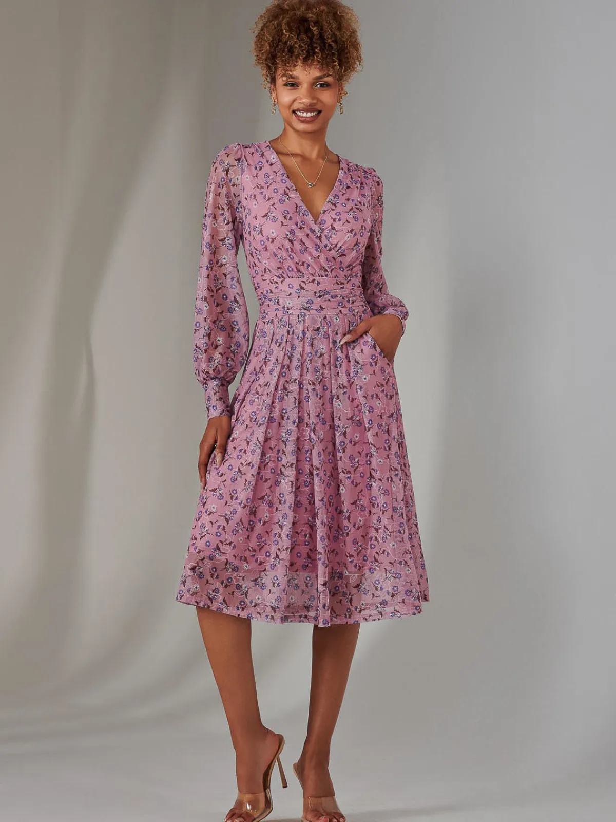 Jolie Moi Occasion Dresses|Floral Dresses-Long Sleeve Lace Print Midi Dress, Pink Floral