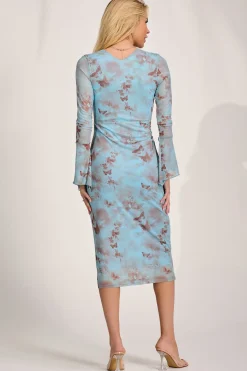 Jolie Moi Occasion Dresses|Mesh Dresses-Long Sleeve Mesh Bodycon Dress, Blue Abstract